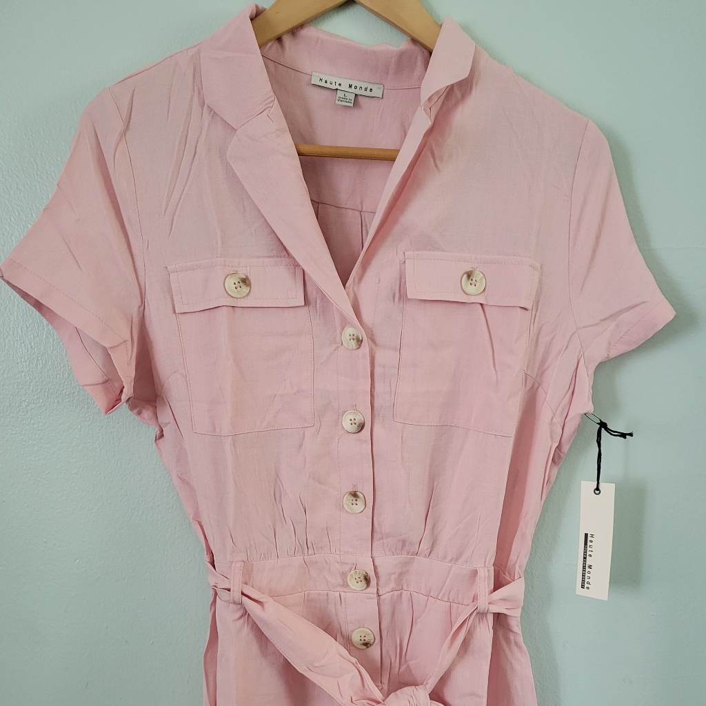 Collard Solid Belted Button- Down Romper